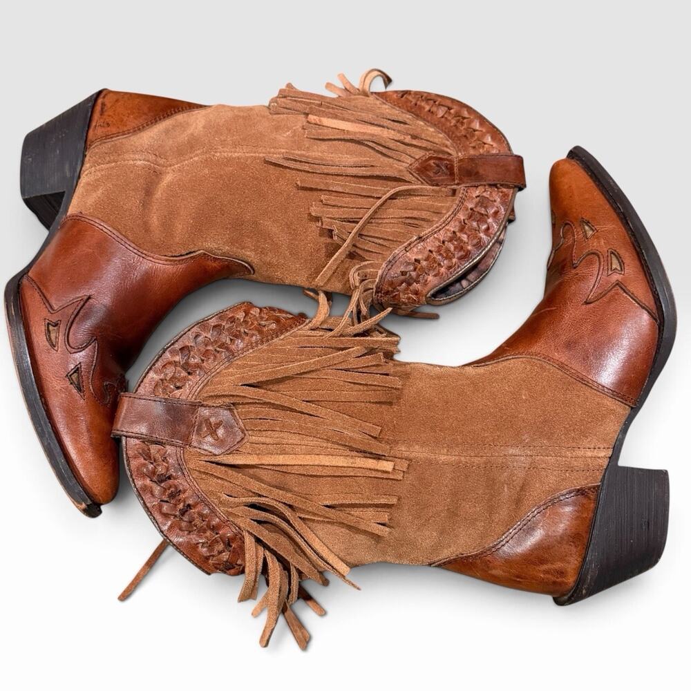 Dingo Cognac Brown Leather Fringe Western Cowgirl Boots D17445 Women’s 8M 1980s